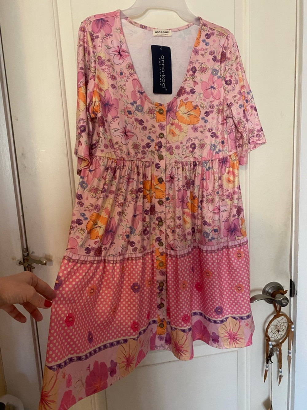 Anna-Kaci Pink Floral Tiered Button-Front Dress